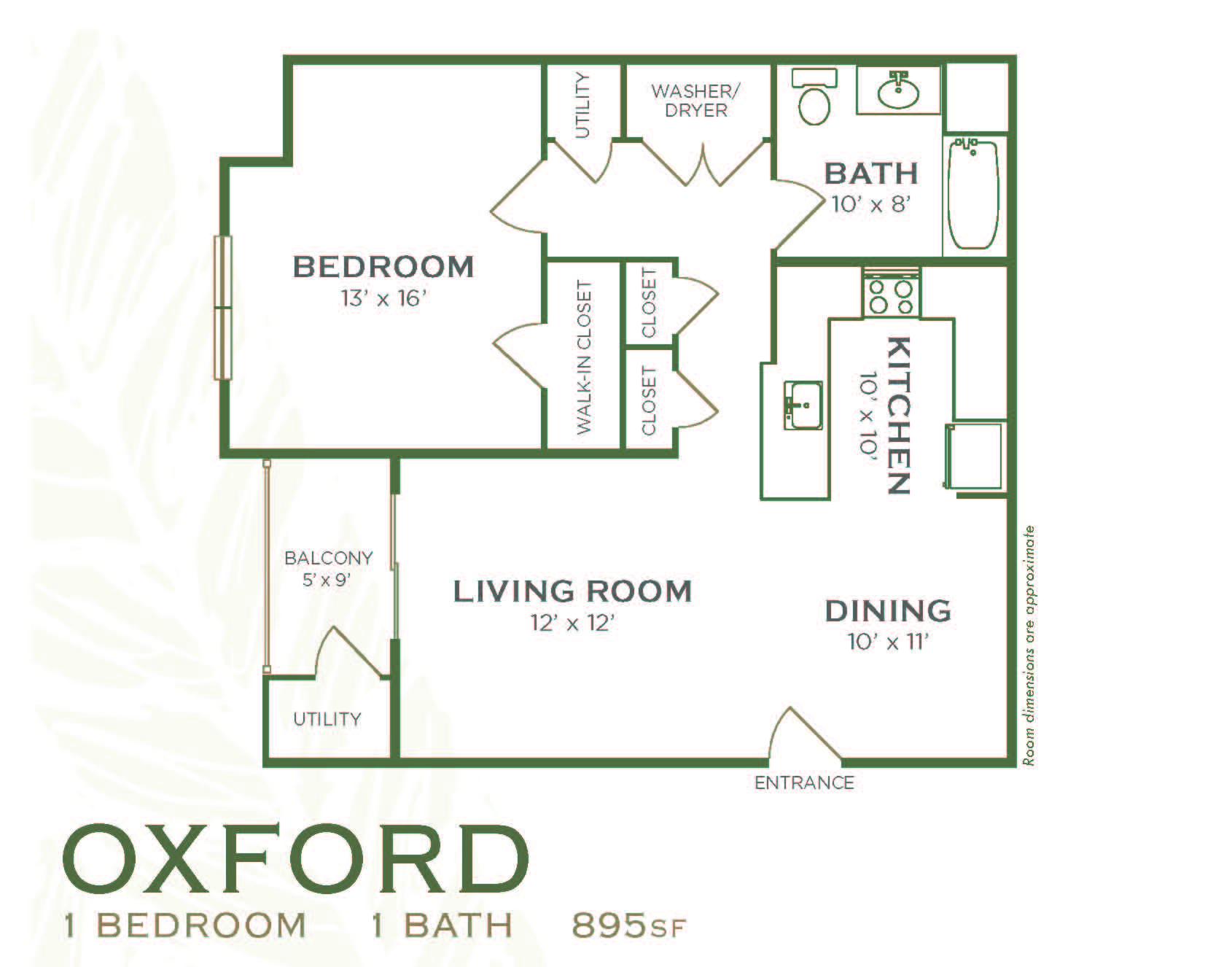 Floor plan for 1 bed, 1 bath, 895 sqft